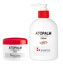 韓国ネオパーム（NeoPharm）社製の乾性敏感肌用クリーム「アトパーム（ATOPALM）MLEクリーム」と「アトパーム SNSシャンプー」写真
