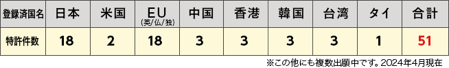 国別特許件数の表