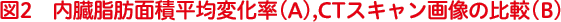 図2　内臓脂肪面積平均変化率（A）,CTスキャン画像の比較（B)