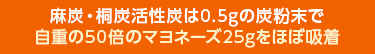 麻炭・桐炭活性炭は0.5gの炭粉末で自重の50倍のマヨネーズ25gをほぼ吸収