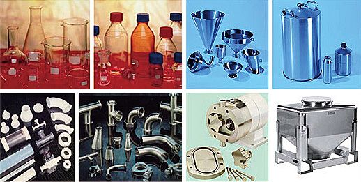 洗浄可能なアイテムは、ガラス器具、ホッパーやパイプ、ポンプ部品、充填機部品、IBCコンテナ等