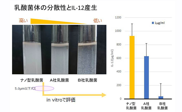 ナノ型乳酸菌は他の乳酸菌群よりも多く濾過されるとともに、高いIL-12の活性を示した