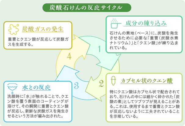 炭酸石けんの反応サイクル
                            １成分の練り込み
                            石けんの素地（ベース）に、炭酸を発生させるために必要な「重曹（炭酸水素ナトリウム）」と「クエン酸」が練り込まれている。
                            ２カプセル状のクエン酸
                            特にクエン酸はカプセル状で配合されており、石けんの中には細かく砕かれた「炭酸の素」としてツブツブが見えることがある。これは、使用するまでに重曹とクエン酸が反応しないように工夫されていることを示唆している。
                            ３水との反応
                            洗顔時に「水」が触れることで、クエン酸を覆う表面のコーティングが溶けて、その瞬間に重曹とクエン酸が反応し、新鮮な炭酸ガスを発生させるという方法が編み出された。
                            ４炭酸ガスの発生
                            重曹とクエン酸が反応して炭酸ガスを生成する。